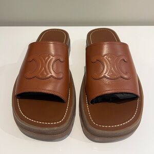 Celine Clea Triomphe Brown Calfskin Leather Slide Sandals with Signature Logo